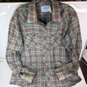American Hero Plaid Western Shirt Green Pink Long Sleeve Snap Front Men's Size L